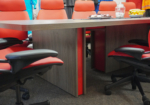 Custom brand detailing on boardroom table