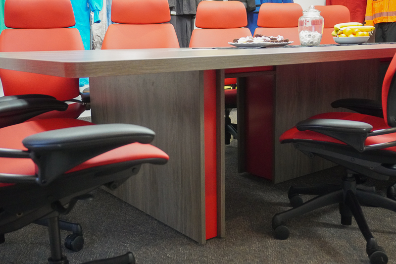Custom brand detailing on boardroom table